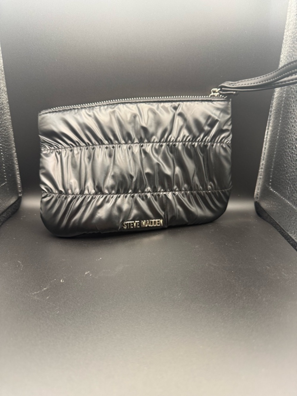 Steve Madden Shiny Black Quilted Puffer Wristlet‎